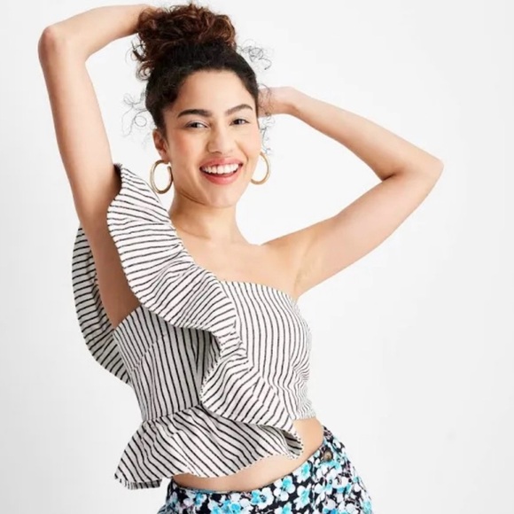 Striped One-Shoulder Ruffle Crop Top - Picture 1 of 10